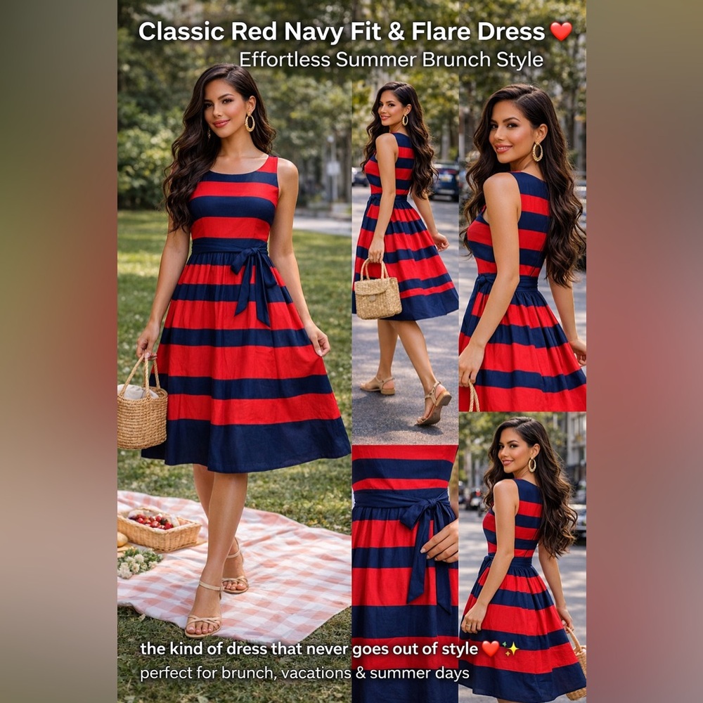 LL Bean  Red Navy Stripe Poplin Fit Flare Dress Nautical Preppy Old money